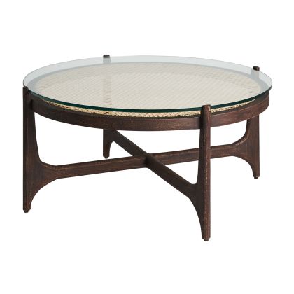Mesa Centro Madera Marrón Vidrio Ratán Redonda, 92 Cm