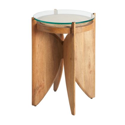 Mesa Auxiliar Madera natural Tapa Vidrio Ratán, 61 Cm