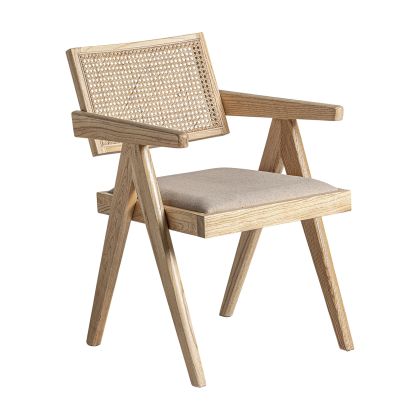 Silla Cieza Estilo Vintage Madera Olmo Ratán Natural Lino, 55 Cm