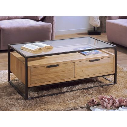 Mesa Centro Industrial Metal Madera Cristal 110 Cm