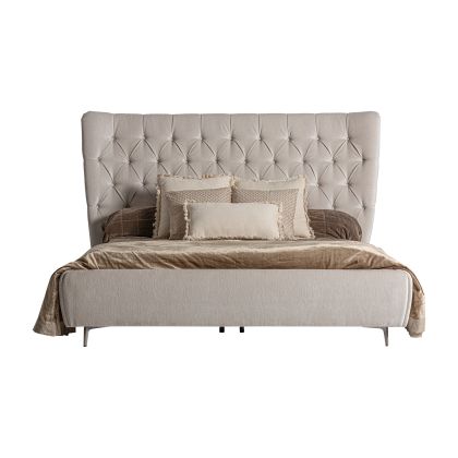 Cama Madera Pino Tejido Beige Botonadura, 206 Cm