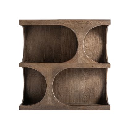 Librería en madera de mango marrón con varios compartimentos abiertos.