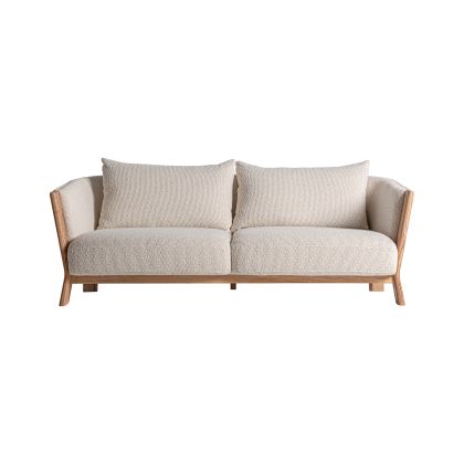 Oak Wood Sofa Beige Fabric 4 Seater, 200 Cm