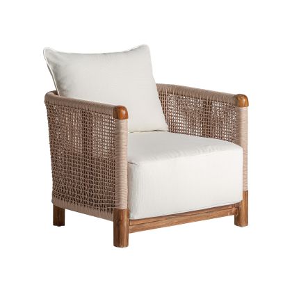 Sillón en madera de teca marrón y polipropileno blanco. Sillón en madera de teca marrón y polipropileno blanco.