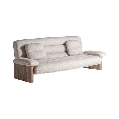 Sofá nórdico moderno en madera de olmo marrón claro tapizado en tejido beige suave.