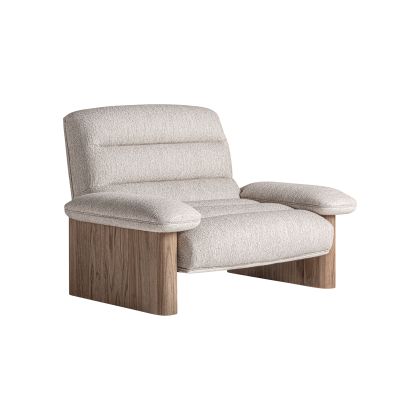 Sillón nórdico moderno en madera de olmo marrón claro tapizado en tejido beige. Sillón nórdico moderno en madera de olmo marrón claro tapizado en tejido beige.
