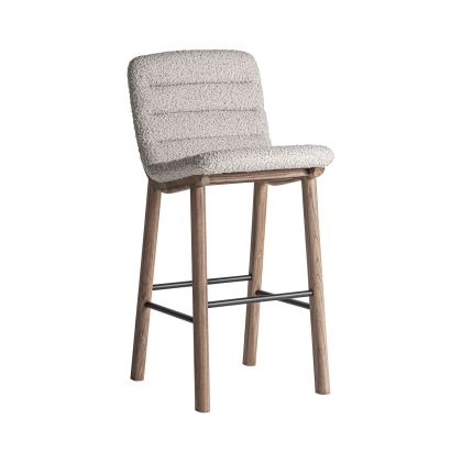 Taburete en madera de olmo marrón tapizado en tejido beige.