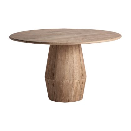 Mesa de comedor redonda contemporánea en madera de mango marrón claro.