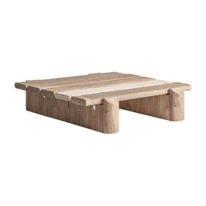 Mesa de centro contemporánea en madera de mango marrón claro y sobre de mármol marrón.