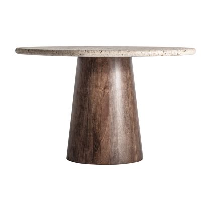 Mesa de comedor en madera de mango marrón y sobre de travertino beige. Mesa de comedor en madera de mango marrón y sobre de travertino beige.