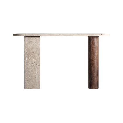 Consola en travertino beige y madera de mango marrón 140 cm