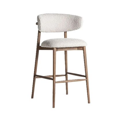 Brown Wood Stool Upholstered in Beige Granular Fabric, 105 Cm