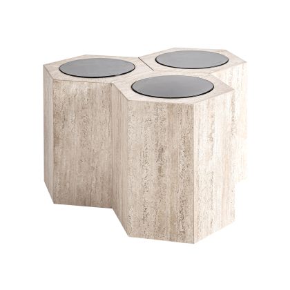 Light Brown Travertine Side Table Amber Glass, 61 Cm