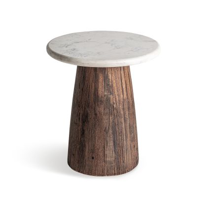 Mesa Auxiliar Marmól Blanco Madera Recuperada color Marrón, 50 Cm