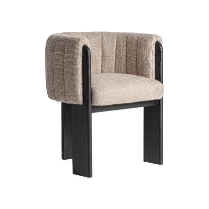 Silla nórdica en madera negra tapizada en tela gris jaspeado.