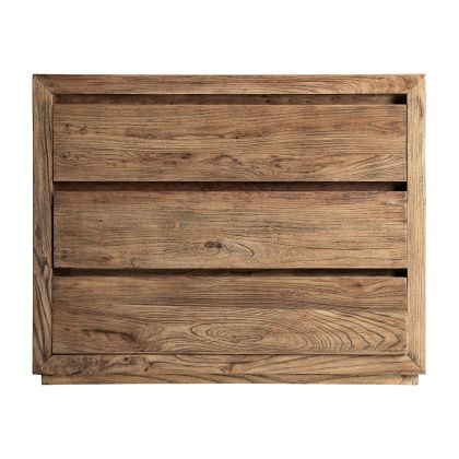 Cómoda en madera de olmo marrón con 3 cajones. Cómoda en madera de olmo marrón con 3 cajones.