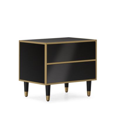 Mesita de noche art decó en madera, espejo negro y detalles en dorado.