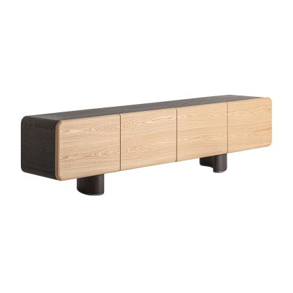 Mueble de TV nórdico moderno en madera natural y madera contrachapada marrón.
