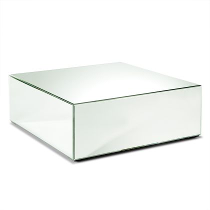 Mesa de centro moderna cuadrada en espejo plateado.