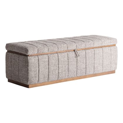 Pie de cama nórdico moderno en madera de fresno marrón tapizado en tela gris jaspeado.