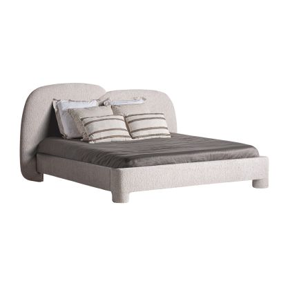 Cama moderna en madera de fresno tapizada en tela beige jaspeado.
