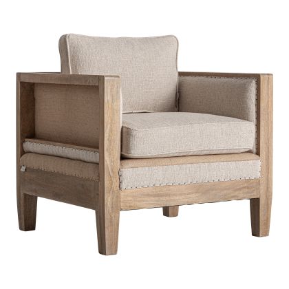 Sillón nórdico en madera de abedul marrón, yute y lino beige.