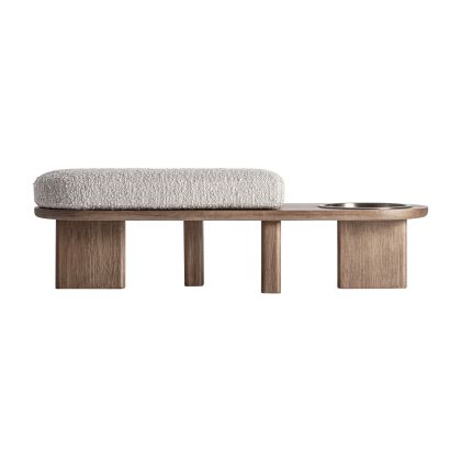Pie de cama en madera de roble marrón con cojín de tela gris claro y acero dorado.
