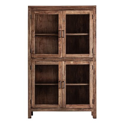 Vitrina en madera recuperada marrón con puertas de cristal y hierro negro.