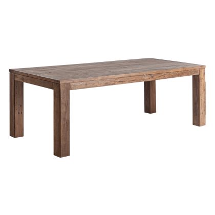 Mesa de comedor rústica en madera recuperada marrón.