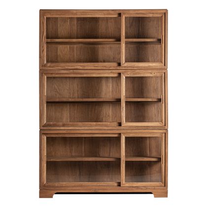 Vitrina en madera de teca marrón y vidrio transparente.
