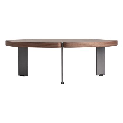 Mesa auxiliar en chapa de nogal marrón y patas de acero gris.
