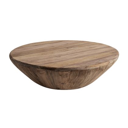 Mesa de centro rústica en madera de teca reciclada marrón claro envejecido.