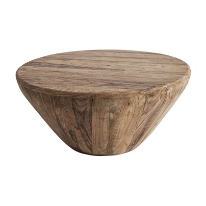 Mesa de centro rústica en madera de teca reciclada marrón claro envejecido.