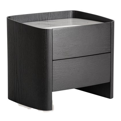 Mesita de noche en madera contrachapada, chapa de roble negro y sobre de piedra sinterizada blanca.