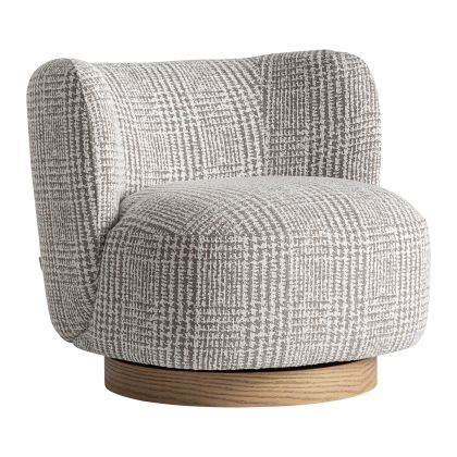 Sillón giratorio en madera de pino marrón claro tapizado en gris jaspeado.
