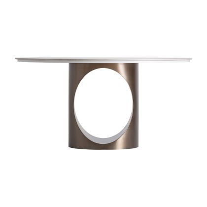 Mesa de comedor con sobre de piedra sinterizada blanco roto y base de acero en color bronce 150 cm