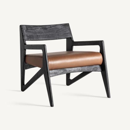 Sillón beslon  madera negra cuero marrón