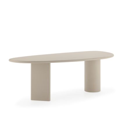 Mesa de comedor de diseño moderno en piedra y resina color crema suave. Mesa de comedor de diseño moderno en piedra y resina color crema suave.