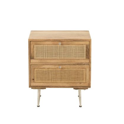Natural Wood Nightstand 2 Drawers Metal