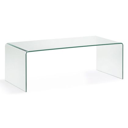 Mesa de centro moderna en cristal templado transparente.