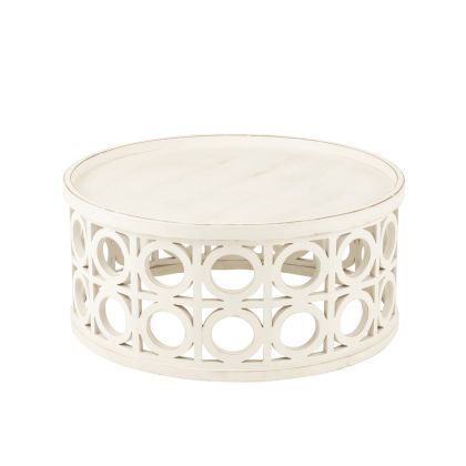 Carved White Fir Wood Coffee Table, Ø78 Cm