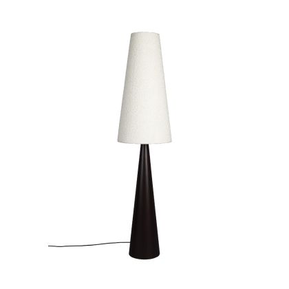 Lámpara de pie retro en hierro marrón y pantalla de tejido bouclé beige.