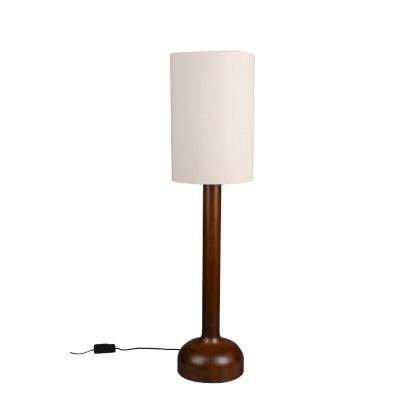 Lámpara de pie mid-century en madera de caucho nogal con pantalla textil beige.