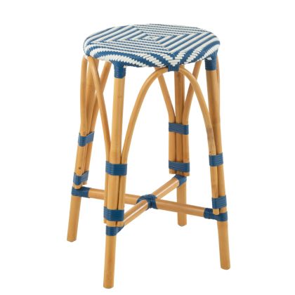 White Dark Blue Rattan Bamboo Stool, 38 Cm