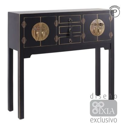 Consola Madera Negro Oro 4 Puertas 3 Cajones, 95 Cm