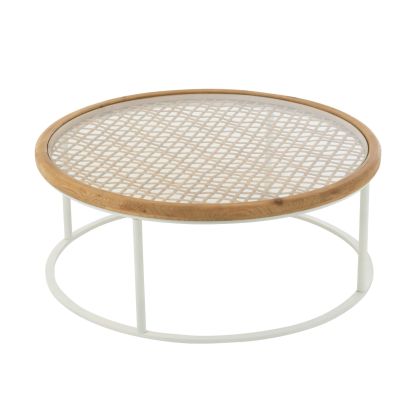Mesa Centro Redonda Madera Abeto Hierro Blanco Mate, Ø90 Cm