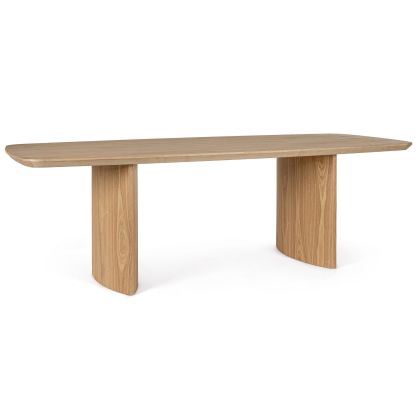 Mesa de comedor nórdica moderna en madera de roble natural con patas curvas.