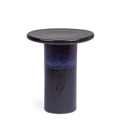 Mesa Auxiliar Redonda Cerámica Esmaltada Negro Azul, Ø40'5 Cm