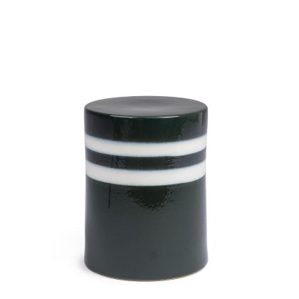 Mesa auxiliar contemporánea en cerámica esmaltada verde y blanca.