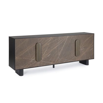 Aparador de diseño moderno con estructura de madera de roble negro y frontal de cerámica en cerámica marrón.